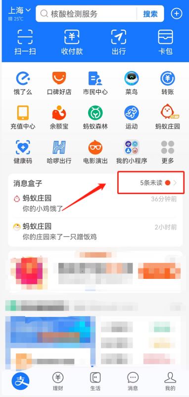 支付宝首页消息盒子如何关掉红点提醒